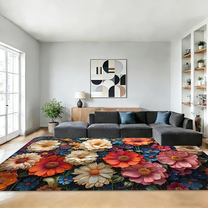 Area Rugs Abstract Flower Modern Neutral Large Living Room Carpet Cute Spring Floral Washable Rugs 5×7 for Kitchen Dinning Room Bedroom Farmhouse Nursery Office Home Decor