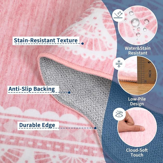 Garvee 2x6 Washable Scalloped Lace Runner Rug, Soft Rugs for Hallway Pink | Non Slip Entryway Rug, Scalloped Rug for College Playroom Kids Girls Room, Non-Shedding Low Pile Rugs Runner for Bedroom