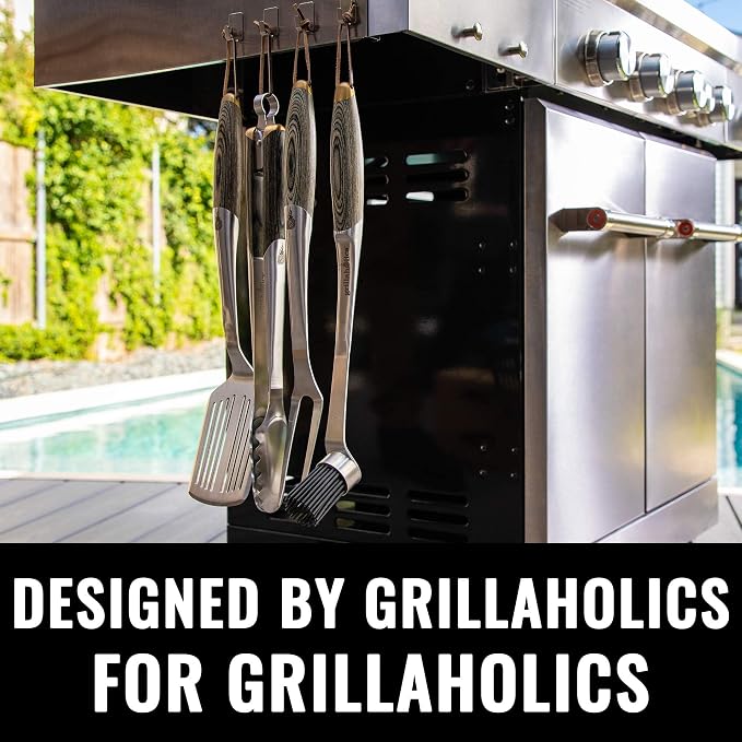Grillaholics Premium BBQ Grill Tools – The Ultimate Grilling Gift for Dad - Luxury 4-Piece Barbecue Utensils Grill Set with Wooden Gift Box | Father's Day Gift | Includes Spatula, Tongs, Meat Fork, & Silicone Baster