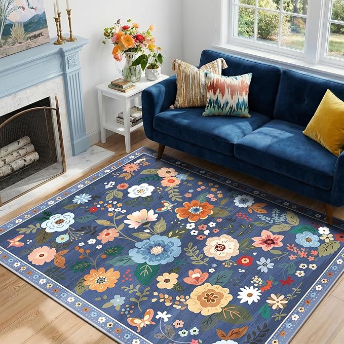 RELEANY Floral Washable 4x6 Area Rugs Blue/Grey | Flower Carpet, Print, Boho, Non-Slip, Easy to Clean, Soft, Low Pile for Living Room Bedroom Kitchen Office Entryway Hallway