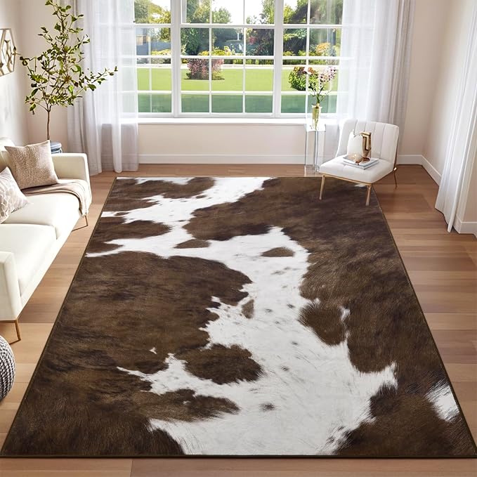 DweIke Cow Print Rug 6x9 – Brown Faux Cowhide Rugs, Washable Soft Non-Slip Stain Resistant Animal Cow Hide Carpet for Living Room Bedroom Dining Room Office, Western Home Decor