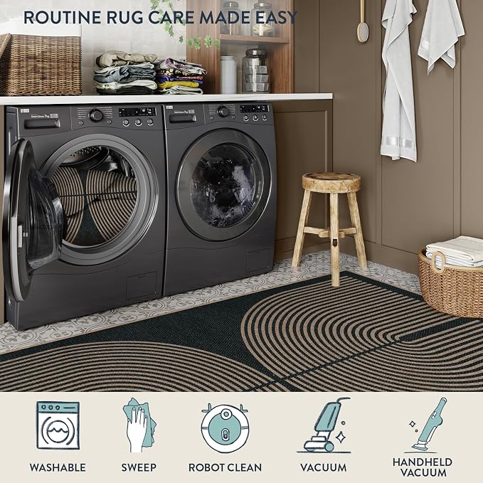 Lahome Modern Rainbow Easy Jute Rug, Washable Rugs 8x10 for Living Room | Indoor Outdoor Patio Farmhouse Large Carpet, Contemporary Non Slip Black Carpet for Bedroom Backyard Decor