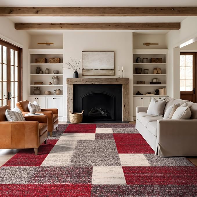 Rugshop Geometric Boxes Non-Slip Modern Large Area Rug Red 7'10" x 10' | Non-Shedding, Rectangular, Size 7'10" x 10', Living Room, Bedroom, Dining Room, Home Office, Kitchen, Entryway, Hallway