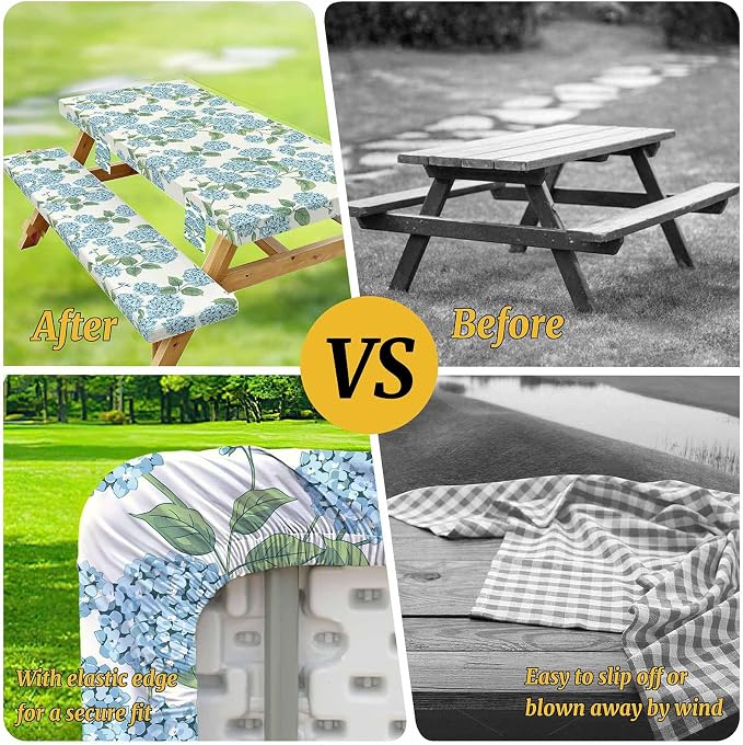 Picnic Table Cover with Bench Covers Elastic,Fitted Table Cloths for Rectangle Tables 6 Foot Washable,Waterproof Tablecloth for Outdoor Camping Essentials (Blue Hydrangea, 6 Foot)