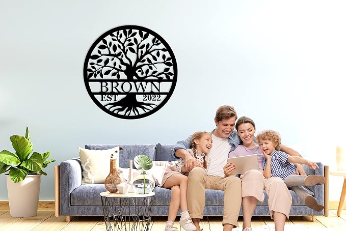 Personalized Family Tree Sign Custom Last Name Metal Wall Decor, Family Name Monogram Sign with Established Year, Tree of Life Home Decor, Rustic Farmhouse Outdoor Garden Decoration, Wedding Gift, Housewarming Gift for Family