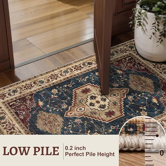 Tangsoo Oriental 3x5 Washable Area Rugs, Vintage Non Slip Accent Rug | Boho Indoor Print Carpet, Soft Low Pile Rug for Living Room Dining Bedroom Bedside Entryway Dark Blue Beige Home Decor