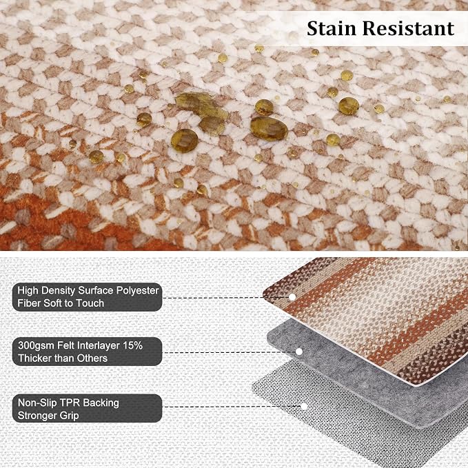 RUGSREAL Washable Runner Rug 2x8 Non Slip Braided Hallway Runner Mat | Stain Resistant Kitchen Farmhouse Printed Carpet Rustic Accent Runners for Living Room Bathroom Entryway, Brown/Rust