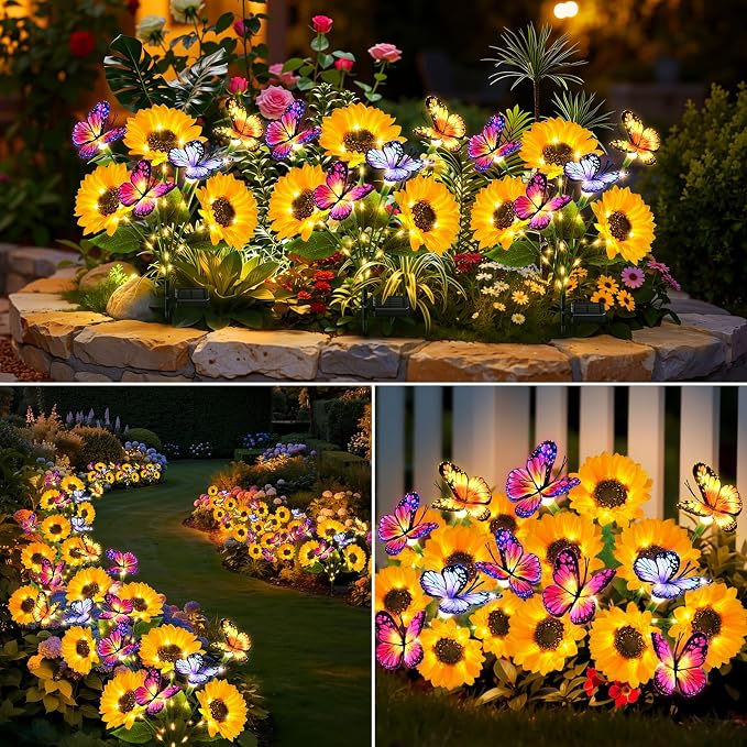 6 Pack Solar Garden Lights Outdoor, Sunflower Solar Lights with Butterfly IP65 Waterproof, Solar Flower Lights for Yard Patio Garden Decor, Auto On/Off Solar Sunflowers Decorative, Gifts for Mom Women