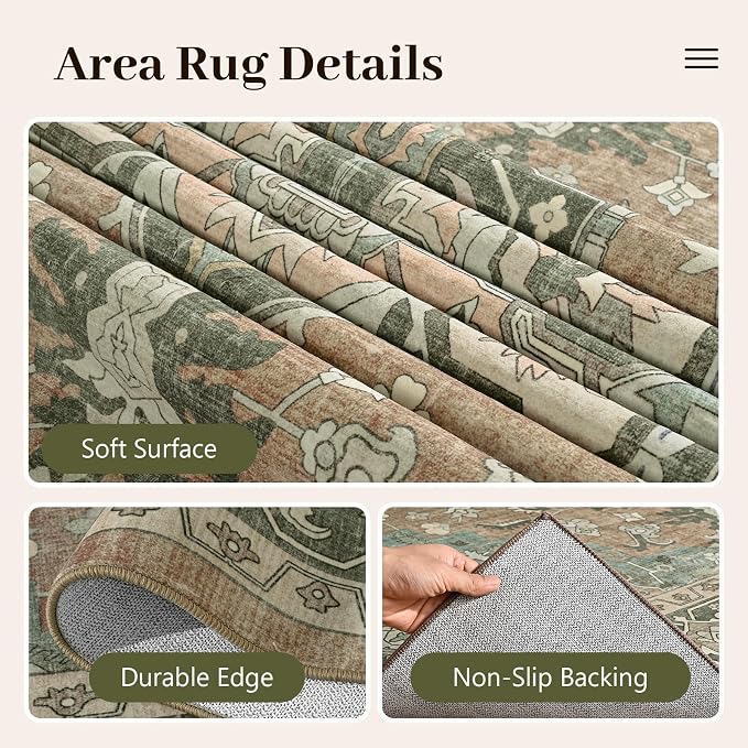 6x9 Ft Large Area Rugs for Living Room, Soft Non-Slip Machine Washable Rug, Vintage Stain Resistant Carpets for Bedroom Nursery Dining Room Home Decor (Brown)