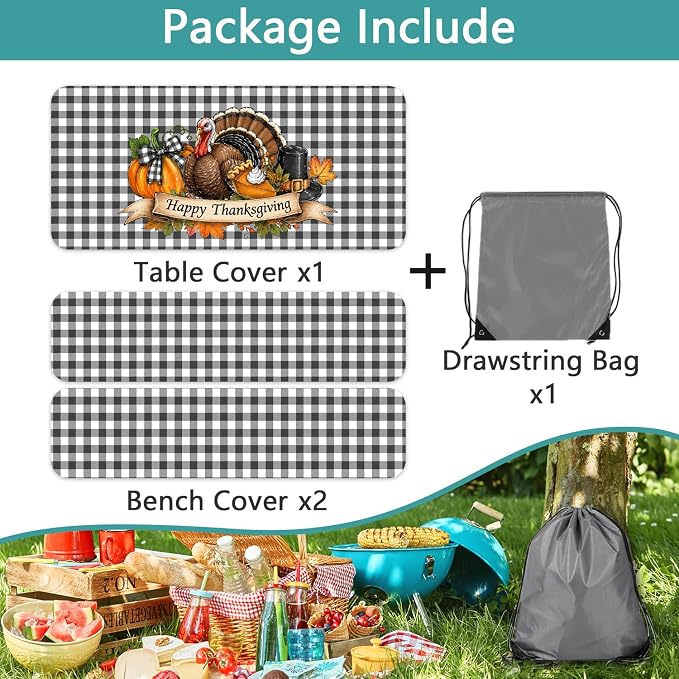 Thanksgiving Picnic Table Cover Set with Bench Covers, Buffalo Check Plaid Turkey Happy Thanksgiving Waterproof Elastic Fitted Outdoor Patio Camping Tablecloth