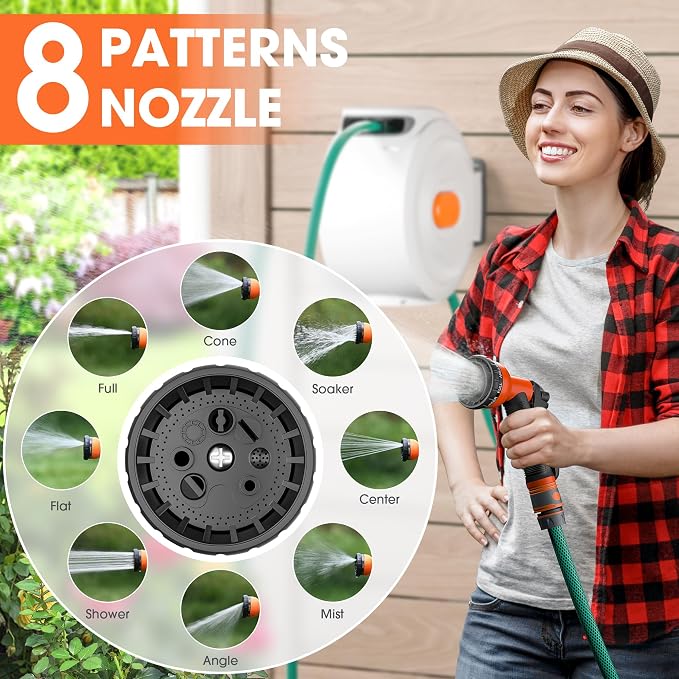 Retractable Garden Hose Reel 1/2 in x 100 ft Wall Mounted, Auto Rewind with Slow Return & Any-Length Lock, No Kink Tangle-Free, 3/4 in Brass Connector, 180° Swivel, Heavy Duty Hose Reel for Outside