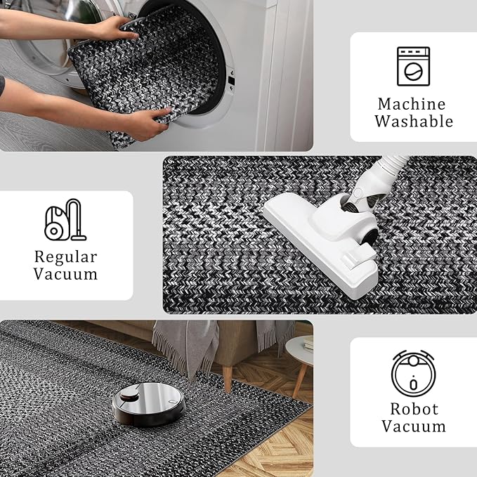 RUGSREAL Washable Bedroom Rug 4x6 Living Room Braided Print Floor Cover | Dining Room Throw Carpet with Rubber Backing Farmhouse Rustic Accent Rugs for Living Room Home Decor, Black