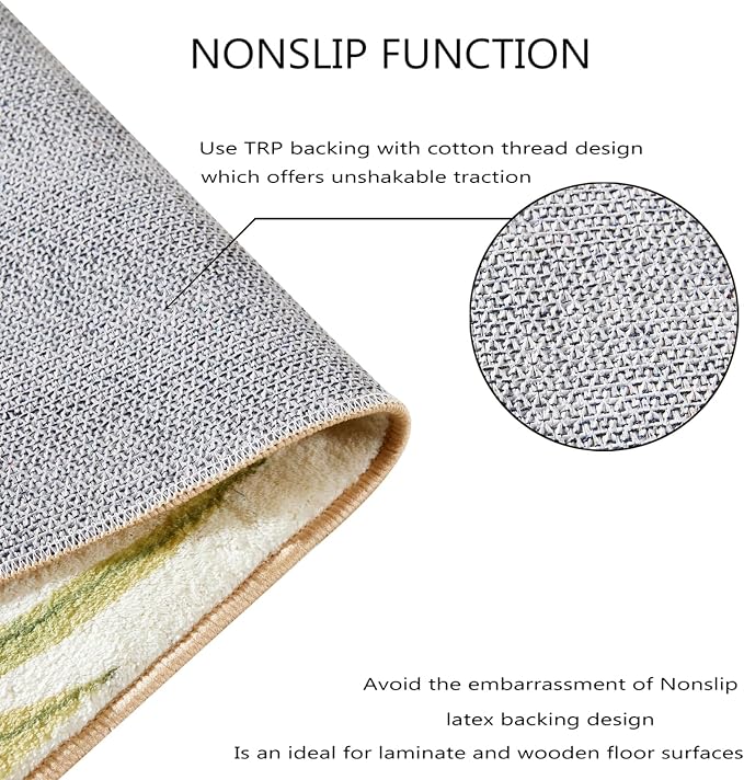 RoomTalks Mid Century Modern Washable Rug, Green Boho Cute Aesthetic 5x7 Area Rugs for Bedroom Dining Room Living Room Office, Abstract Tropical Leaves Thin Shaggy Indoor Entryway Rug Carpet