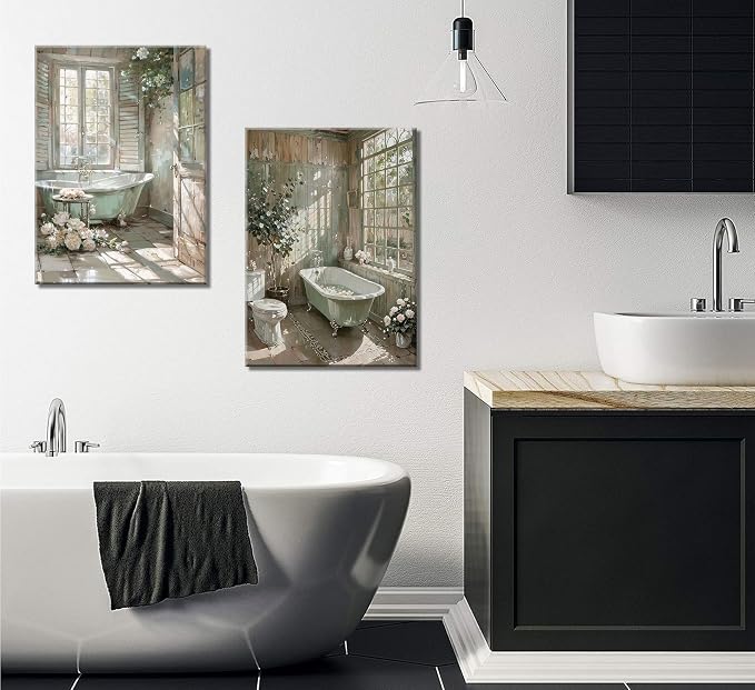 Vintage Farmhouse Theme Bathroom Canvas Wall Art Bathtub With Flowers Poster Print Painting Rustic Farmhouse Window Wall Decor Sunlit Floral Bathroom Pictures Artwork for Toilet Restroom Decoration