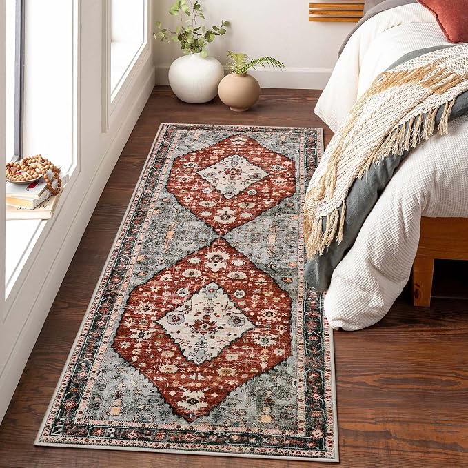 Lahome Felice Boho Tribal Runner Rug - 2x6 Red Rug Runners for Hallways 6 feet Non Slip Kitchen Sink Mat, Soft Non Skid Washable Bathroom Carpet Runner for Front Hall Entryway Laundry Room
