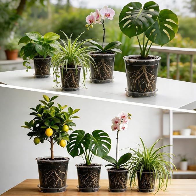 BTPLASTIK 2 Gallon Clear Nursery Pots with Saucers 5P, 7.5 Inch Round Plastic Plant Pots with Drainage Holes