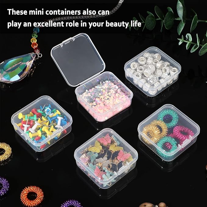 SATINIOR 100 Pcs Clear Plastic Beads Storage Containers Box Small Clear Boxes with Hinged Lid Plastic Arts Case Mini Square Crafts Storage Organizers for Small Items (2.1 x 2.1 x 0.8 Inch)