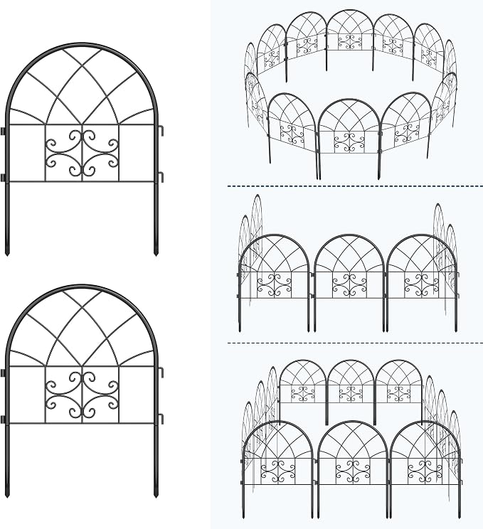 Garvee Decorative Garden Fence Panels 8-Pack, 20"x26" Black Metal Arched Border for Flower Bed Edging, Rustproof No-Dig Animal Barrier for Dogs, Rabbits, Patio & Yard Outdoor Decor