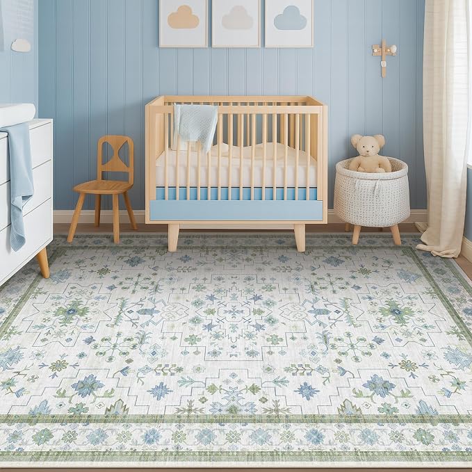 Oushak Area Rug for Bedroom 5x7 - Blue and Green Vintage Boho Floral Geometric, Washable Low Pile Non Slip Area Rugs for Nursery Room, Foyer, Cozy Aesthetic Room Decor