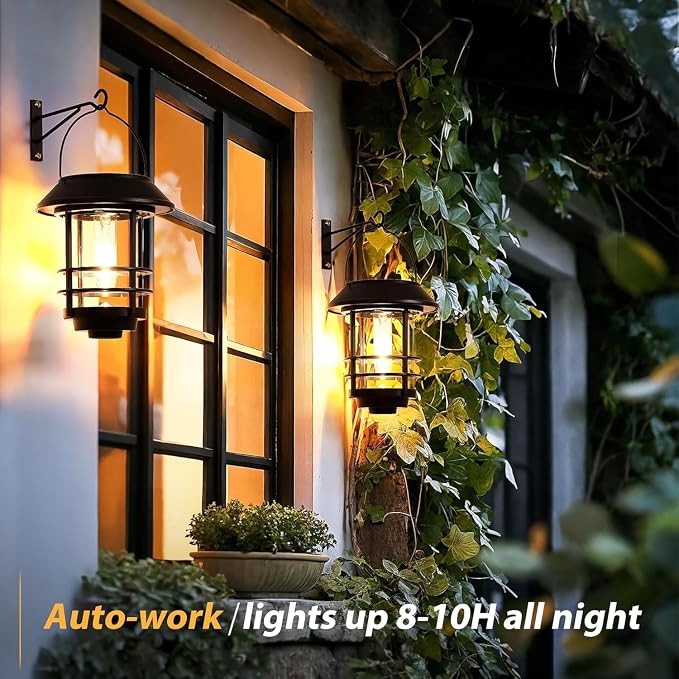 Otdair Solar Lanterns Outdoor Waterproof 2 Pack, Auto On/Off Hanging Solar Lights for Outside with Wall Mount, Outdoor Lighting Outdoor Decorative for Wall, Front Porch, Yard, Garden, Fence