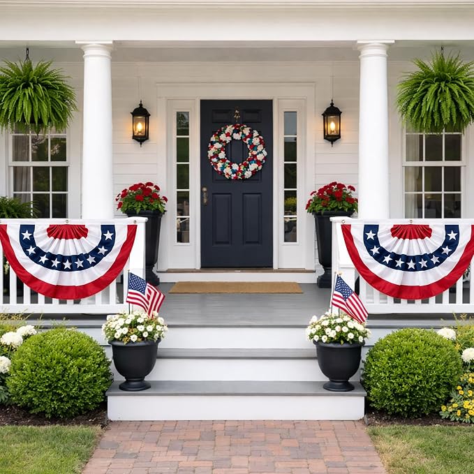 3x6 FT American Bunting Flags Outdoor, 4th of July Pleated Large Fan Flags, USA Patriotic Banner Decorations for 250th Anniversary, Outside Porch, Fence, Yard Garden, Red White and Blue Decor (4)