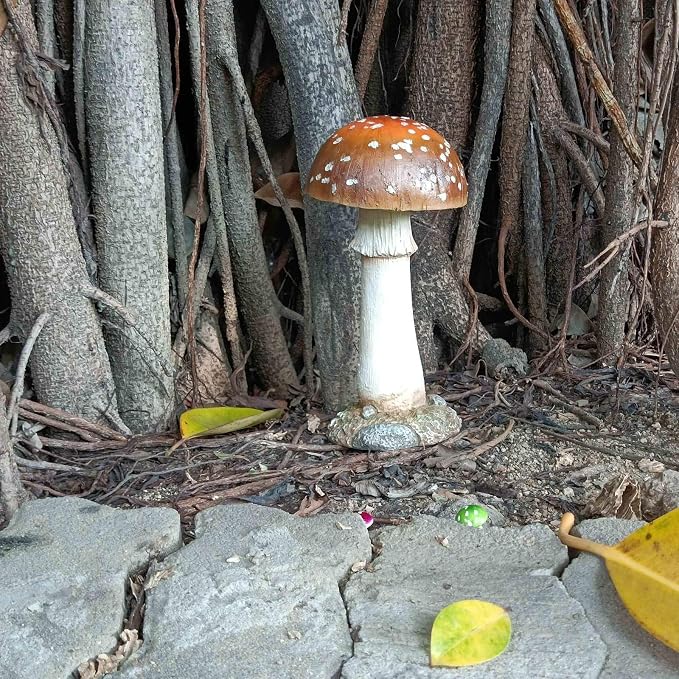 Mushroom Decor Outdoor Garden Statue - Garden Gnome's Favorite Garden Decoration Patio Decor (11.8", Brown)