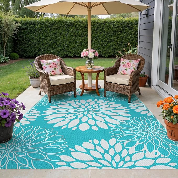 Ileading Waterproof Outdoor Rug 5x8, Reversible Plastic Straw Patio Rug, Portable Indoor Outdoor RV Camping Mat Carpet for Deck, Porch, Balcony, Backyard, Picnic, Floral Teal