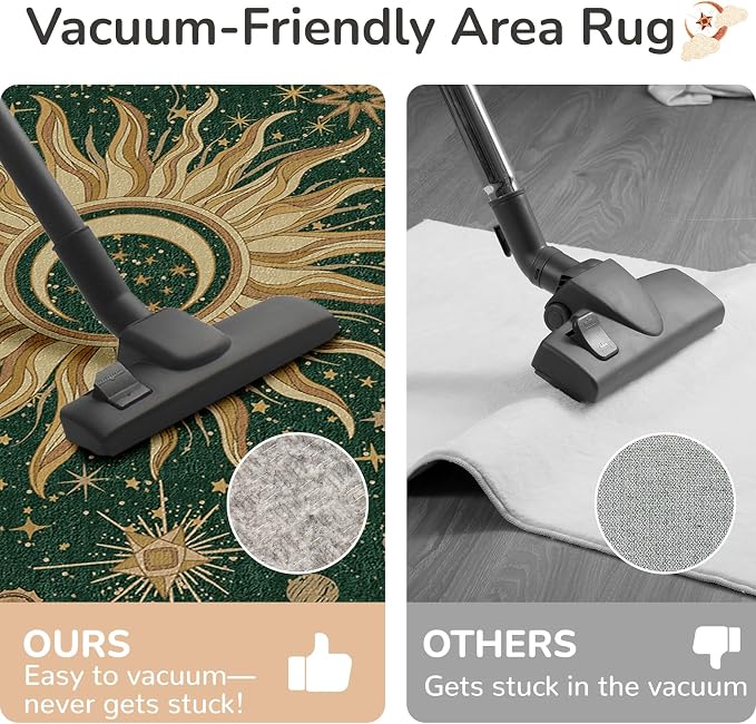 Vacuum-Friendly, 6x9 Washable Area Rug, Green Gold Yellow | Sun and Moon Boho Gothic Non-Slip Low Pile Living Roon Bedroom Dining Room Kitchen Entry Entryway Entrance Hallway Doormat
