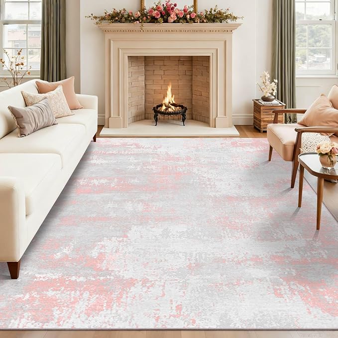 Latte&Fog 6x9 Area Rugs for Living Room Modern Abstract Washable Pink Rugs | for Dining Kitchen Kids Nursery Playroom Guest Room Classroom Dorm Farmhouse Office, Non Slip Low Pile Soft Floral Carpets