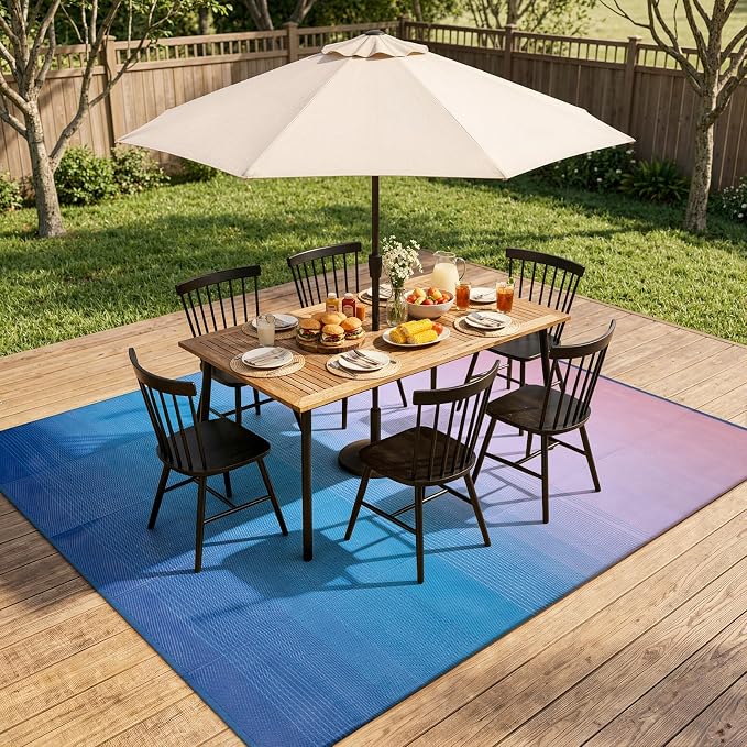 Lahome Outdoor Area Rugs 8x10 Waterproof, Large Reversible Plastic Straw Camping Rug for Patio, Lightweight Portable Outdoor Carpet for Backyard Garden Balcony, Blue Pink 8'x10'