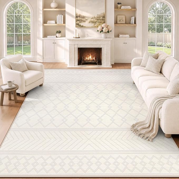 pmtsns Area Rugs 9x12 Washable Rug for Living Room(Beige, 9'x12') | Modern Geometric Moroccan Large Rugs Non-Slip Soft Stain Resistant Rug Indoor Printed Carpet for Bedroom Dining Room Nursery