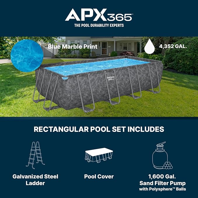 Bestway APX 365 18' x 9' x 52" Above Ground Pool Set with Sand Filter Pump | Long-Lasting All-Season Swimming Pool with Galvanized Steel Frame - Ladder, Cover, and Polysphere Filtration Balls Included