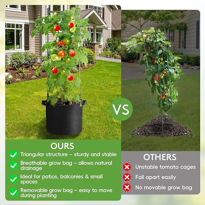 3 Pack Tomato Cage with 10 Gallon Grow Bags, 48" Height Adjustable Tomato Trellis with 65Ft Twist Tie, Heavy Duty Tomato Cages for Garden Flowers Vegetables Climbing Plants