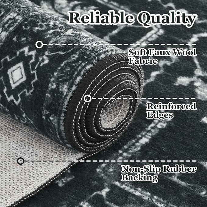 Dark Distressed Washable Area Rugs 9x12 Living Room, Black Vintage Medallion Printed Big Carpet Rugs for Bedroom, Washable Non Slip Low Pile Thin Rugs for Dining Room Home Office