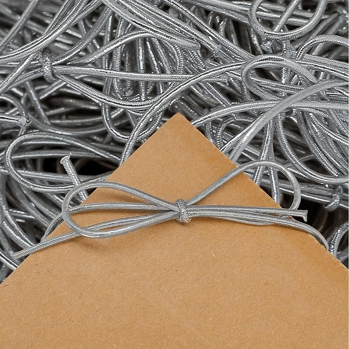 FQTANJU Silver Elastic Cord with Pre-Tied Bows - 200 Pcs 8 Inch Metallic Stretch Loops for Gift Wrapping, Crafts, Gift Boxes, Tags | Strong Metallic Ribbon String for DIY, Holiday, Party Decor