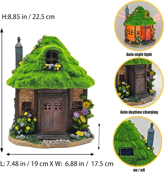 COWOS Solar Powered Fairy Tree House Sculpture with Flocked Roof & Chimney - Whimsical Outdoor Garden Decor with LED Lights