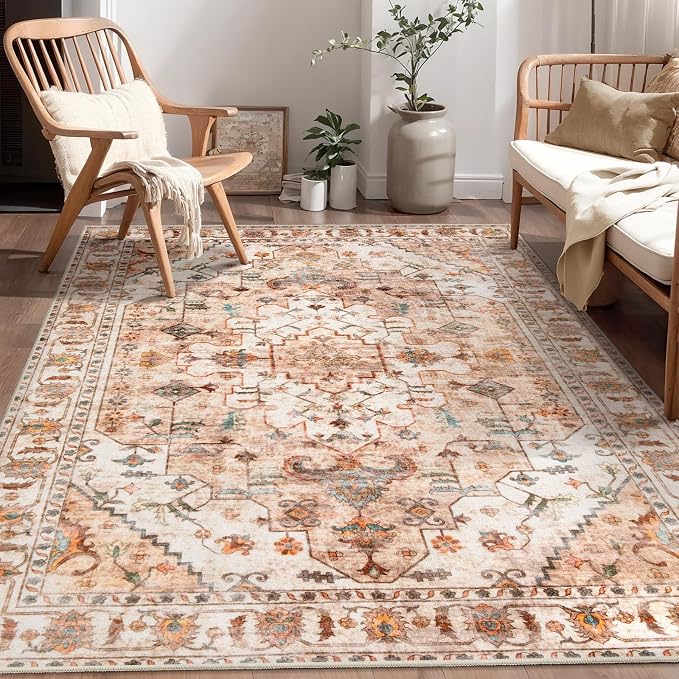 SERISSA 4x6 Washable Non Slip Boho Area Rug for Bedroom，Peach Cream | Ultra Soft Vintage Oriental Carpet Low-Pile Distressed Tribal Throw Carpet for Entry Living Room Nursery Kitchen Dorm Decor