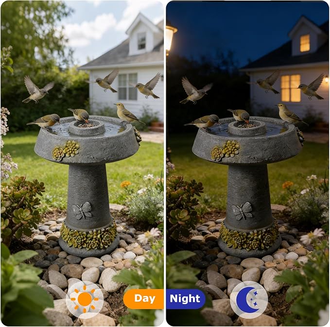 Bird Baths for Outdoors,23.6''H Outdoor Water Fountain Bird Bath & Feeder – Removable Feeding Bowl, Stone-Like Resin with Butterfly & Succulent Decor for Garden Yard Patio Porch Lawn Backyard