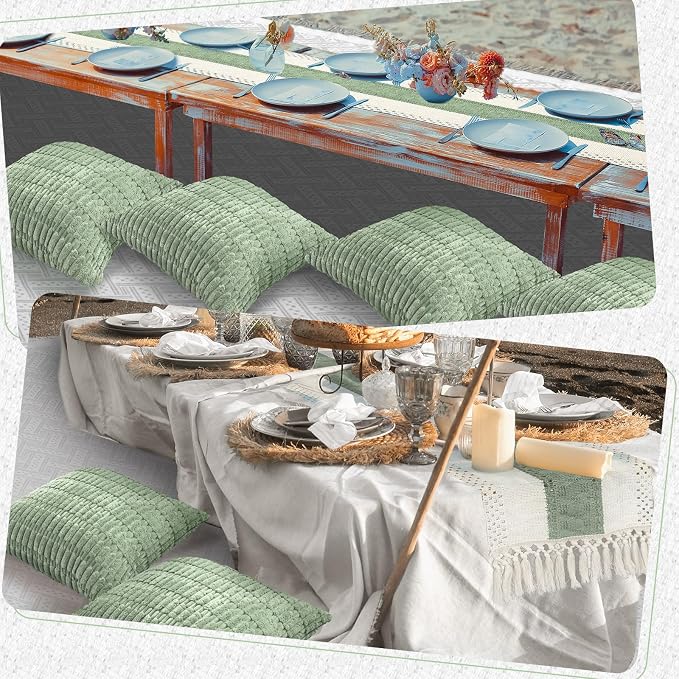 Beeveer 8 Pcs Sage Green Picnic Kit Extra Large Outdoor Boho Picnic Blanket 91x71'', Low Table Runner, 6 Throw Pillow Covers, Woven Cotton Yarn Oversize Washable Beach Blanket for Camp Wedding Garden