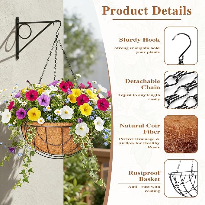 4 Pack Hanging Planter for Outdoor Plants 14 inch Metal Hanging Flower Basket with Coco Coir Liner Round Wire Plant Holder Chain Flower Pots Outdoor Garden Decoration Watering Hanging Baskets（DQ）