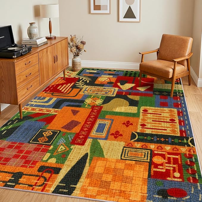 Washable 5x7 Rugs for Living Room, Abstract Tribal Geometric Patchwork Rug | Non-Slip Indoor Carpet for Bedroom Dining Room Office Home Decor| Colorful Soft Low-Pile Floor Rustic Rugs| Burnt Orange Rug