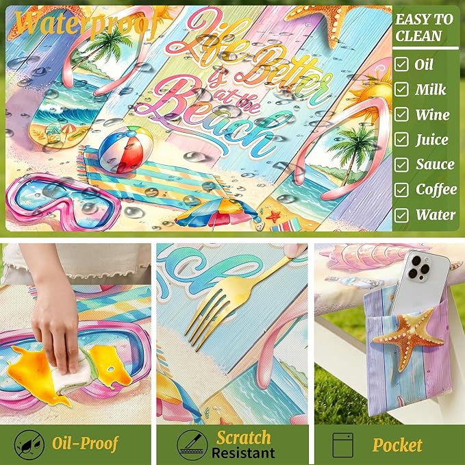 Picnic Table Cover with Bench Covers Elastic,Fitted Table Cloths for Rectangle Tables 6 Foot Washable,Waterproof Tablecloth for Outdoor Camping Essentials (Colorful Beach, 6 Foot)