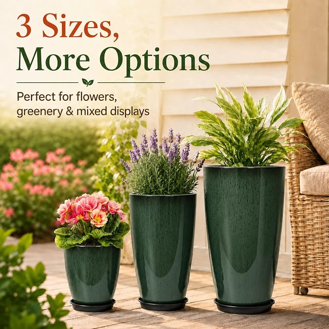 Neoaider Set of 3 Tall Planter, 24/21/12in Large Plastic Planter, DarkGreen | Ceramic-Look, Lightweight, Built-in Drain Hole, Saucers, Tall Outdoor Planter for Porch, Garden, Patio, Balcony