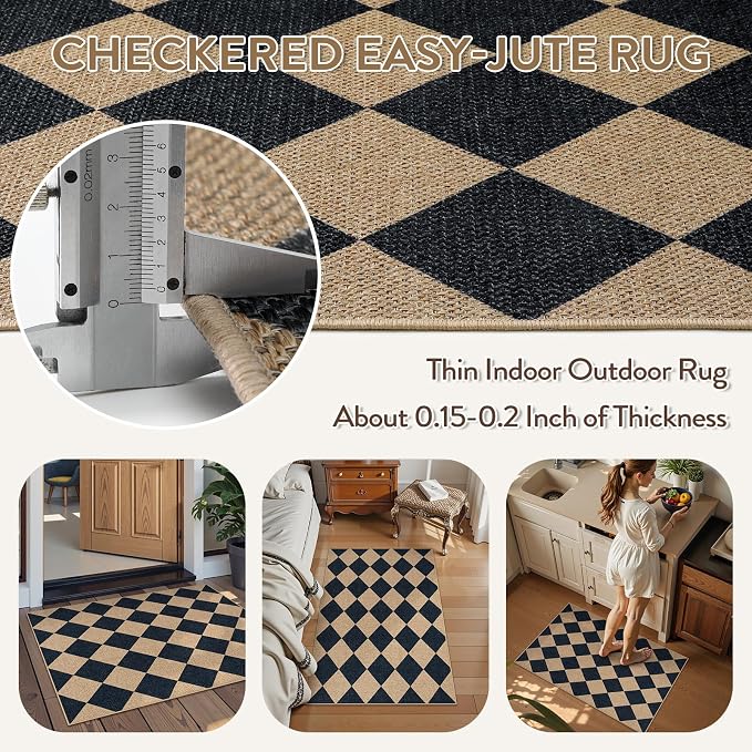Lahome Checkered Easy Jute Non Slip Front Door Mat, 2x3 Kitchen Rug Neutral Small Throw Rug, Farmhouse Diamond Washable Non Shedding Low Pile Black Floor Carpet for Entryway Front Porch Doorway