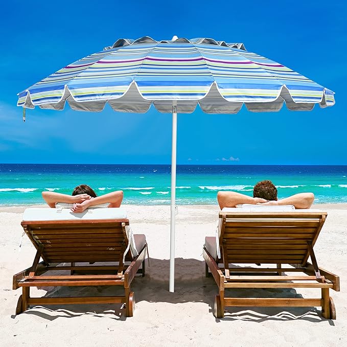 Tangkula 8FT Beach Umbrella, Portable Outdoor Sunshade Beach Umbrella with Sand Anchor & Tilt Mechanism, 16 Sturdy Fiberglass Ribs, Carrying Bag for Garden, Patio (Blue)
