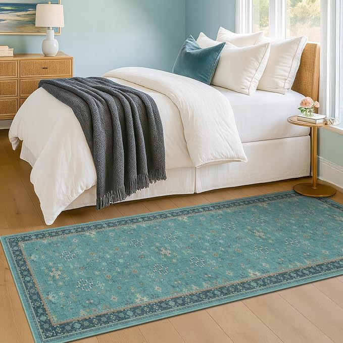 Teal Boho 2x5 Non Slip Small Kitchen Rug Runner - Washable Low Pile & Soft Carpet for Bathroom, Bedroom Beside Bed, Non Skid Floral Vintage Rugs for Laundry Room, Entryway