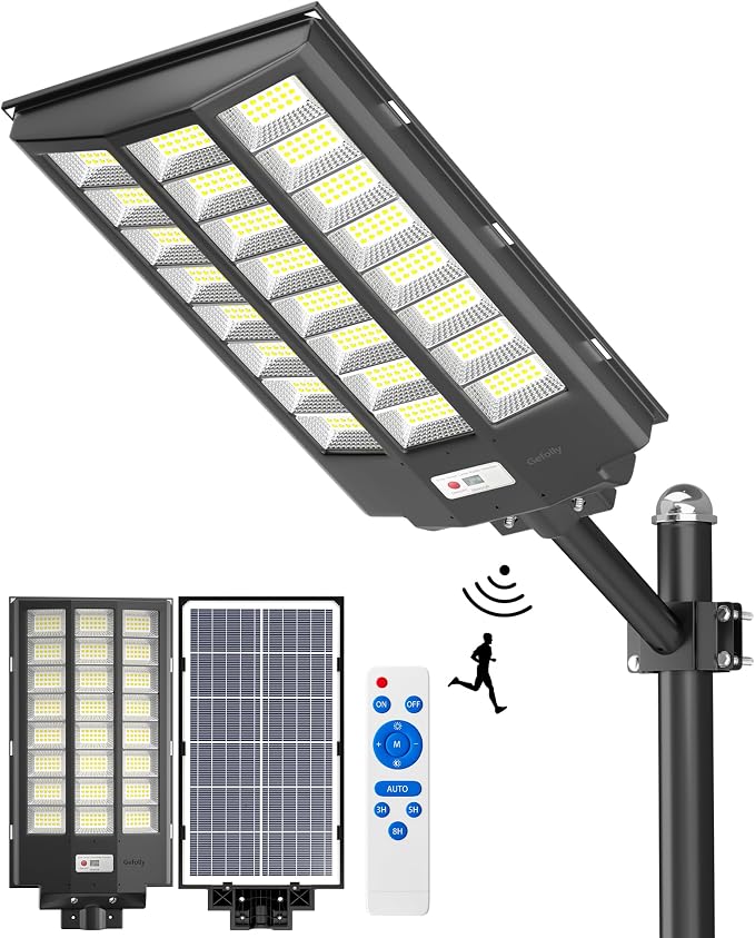 Gefolly SL-8600W Solar Street Lights Outdoor, 680000LM Commercial Parking Lot Light, 6500K Dusk to Dawn IP67 Security Flood Lights Motion Sensor Led Lamp for Basketball Court, Road, Yard