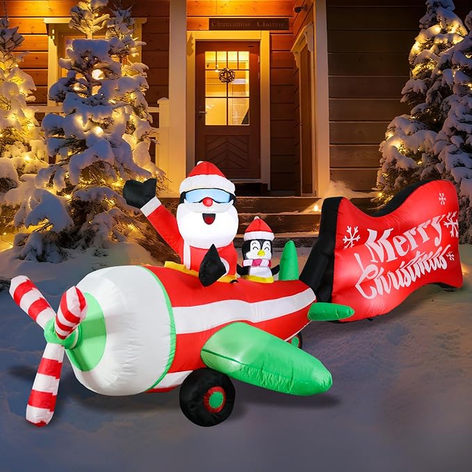 MUMTOP Christmas Inflatable Outdoor Decoration - 10FT Inflatable Santa and Penguin on Animated Helicopter with Rotating Propeller and Merry Christmas Banner Blow Up Inflatables for Garden Yard Decor