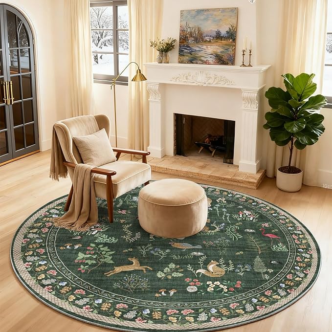 Washable Round Rugs for Bedroom 4ft: Living Room Rug Stain Resistant Non Slip Low Pile Ultra Soft Faux Wool Small Circle Rugs for Kitchen Entryway Nursery Bathroom Entrance Dorm Home Office Indoor