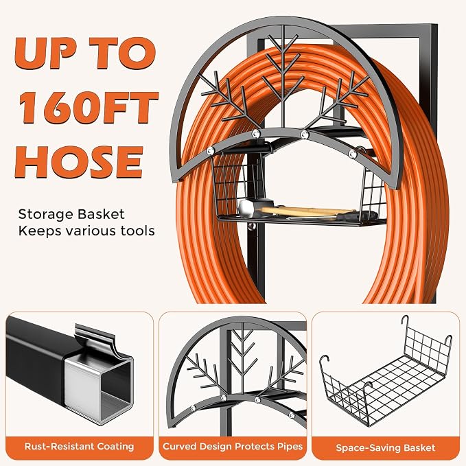 Heavy Duty Garden Hose Holder with Storage Basket, Holds Up to 160FT Hose, Freestanding Metal Water Hose Organizer with 4 Anchor Spikes, for Outdoor Yard Lawn Patio